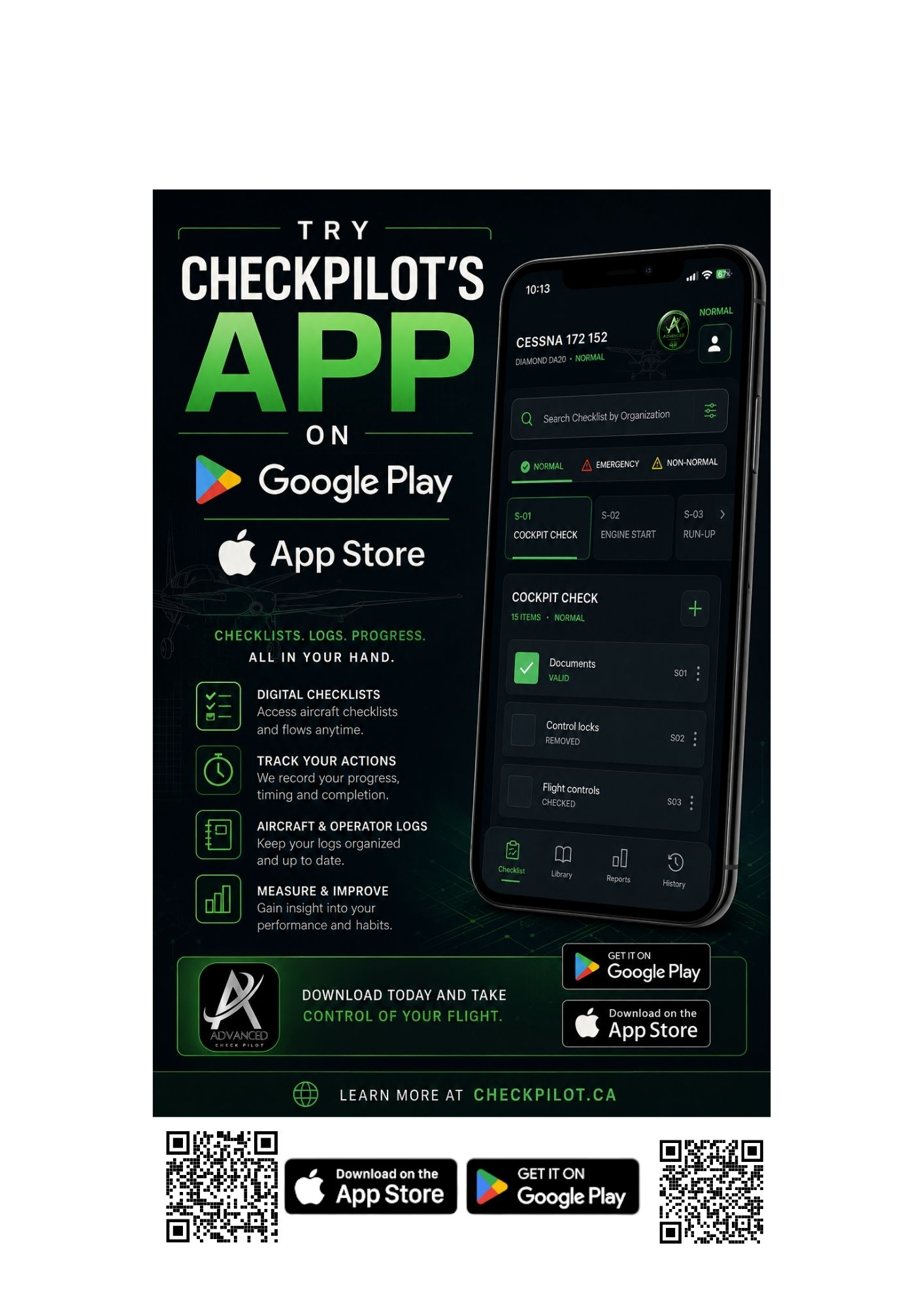 Available Google Play and IOS CheckPilot